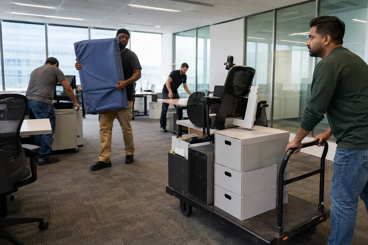 Commercial moving team setting up workstations in a Canadian office tower
